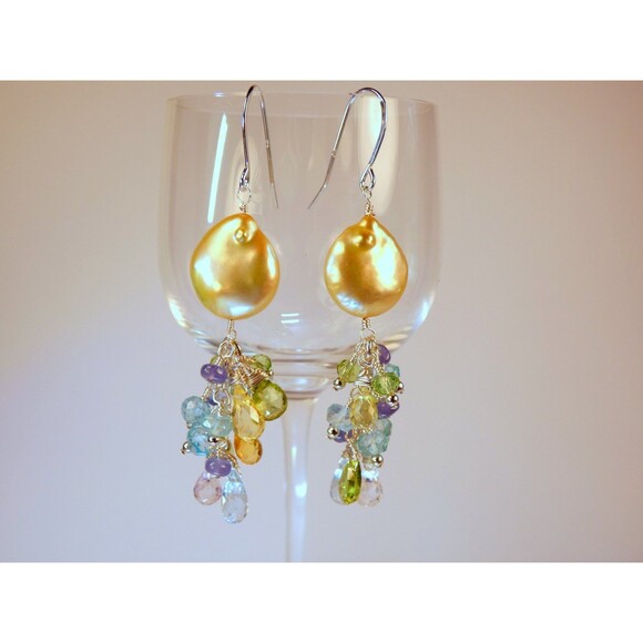 Pearl Aquamarine-Tanzanite-Yellow Quartz-Rock Quartz Sterling Beaded Earrings - Picture 1 of 7